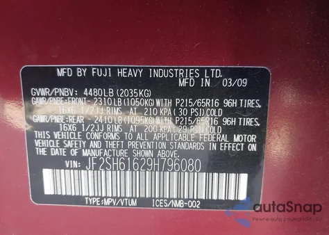 2009 Subaru Forester 2.5X из США, поврежденный, VIN JF2SH61629H796080